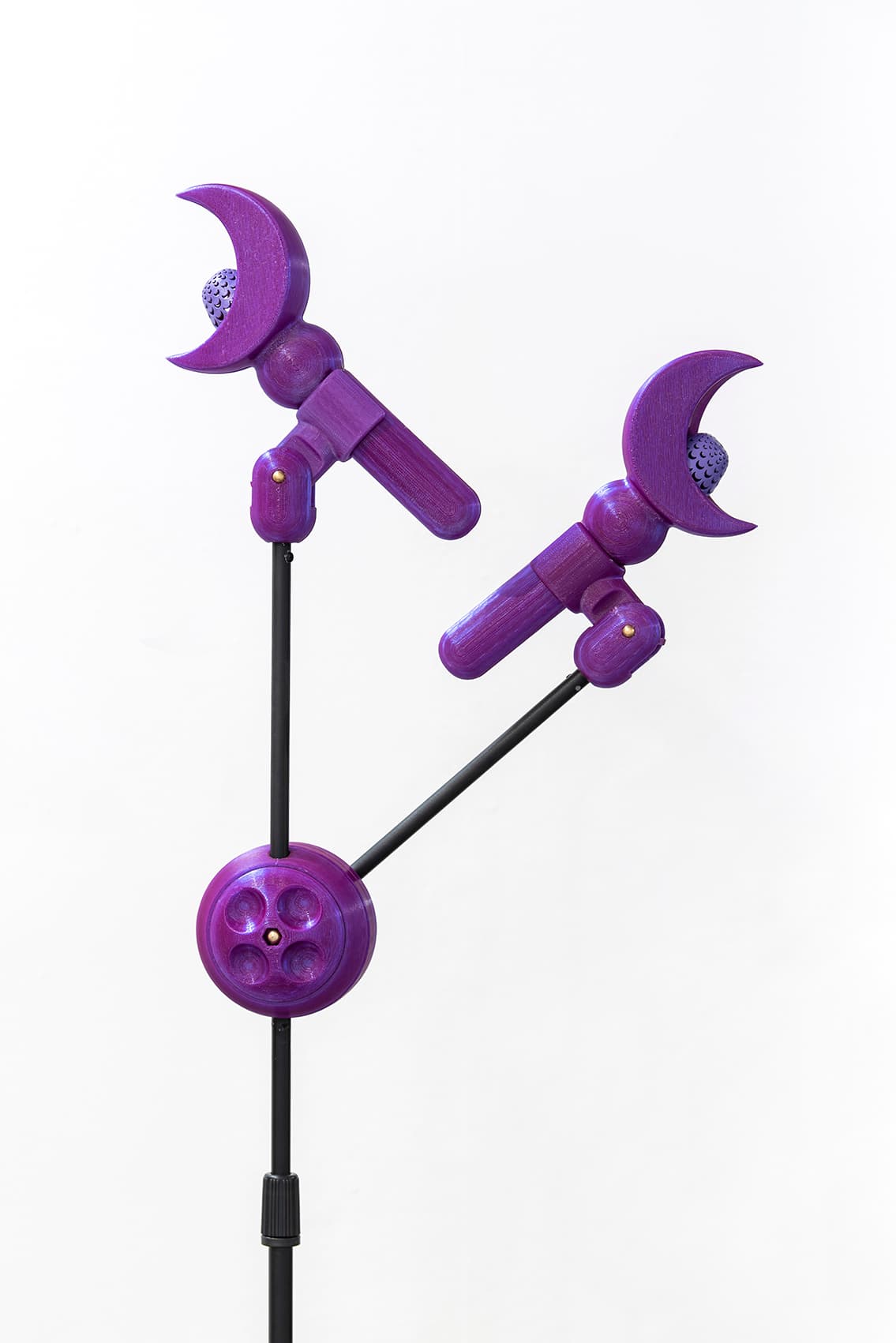 Double Mic, Interactive Sound Sculpture, 3D modeling and printing, PLA, ecological photosensitive resin, professional mic and customize iron stand